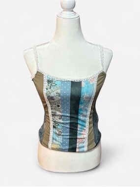 Women’s Patchwork Stripe Lace-Trim Cami Tank Top in Olive and Blue